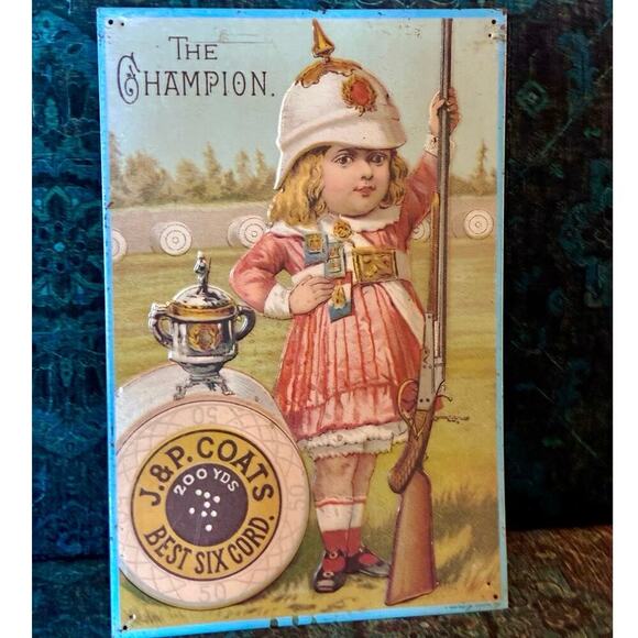 🧵 Vintage J&P Coats Tin Sign – “The Champion” Rifle Girl – Thread Ad Decor - Picture 2 of 3